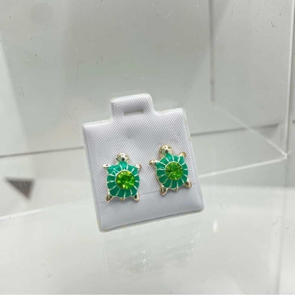Turtle/ Butterfly Silver-Tone Enamel Rhinestone Stud Pierced Earrings Set Of 2